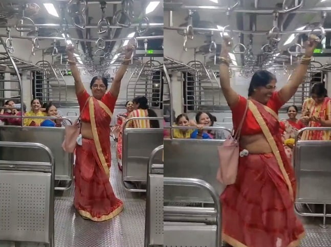 women enjoying swings in mumbai local train