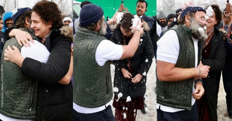 Rahul, Priyanka Gandhi share a playful moment in Kashmir’s snow