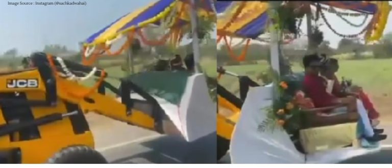 Groom makes grand entry in JCB for wedding