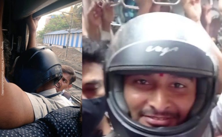 Safety First Man Seen Wearing Helmet Inside Local Train in Mumbai Watch Video