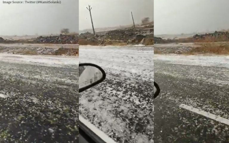 heavy rain with hailstorm in botad snow sheet on roads