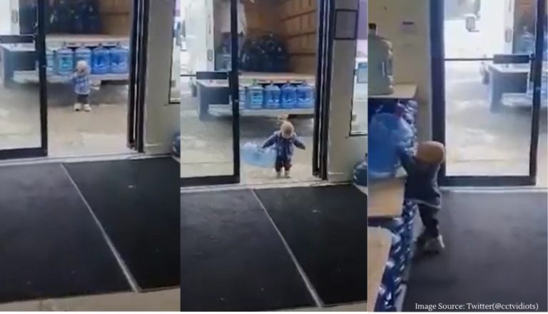 toddler carrying 5-gallon water jugs at family business and helping out parents