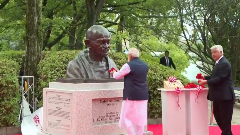PM Modi unveils bust of Mahatma Gandhi in Japan's Hiroshima