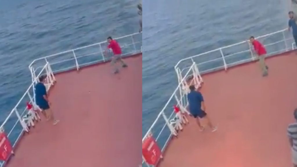 Players find fabulous way to stop ball from going in sea while playing cricket on ship deck