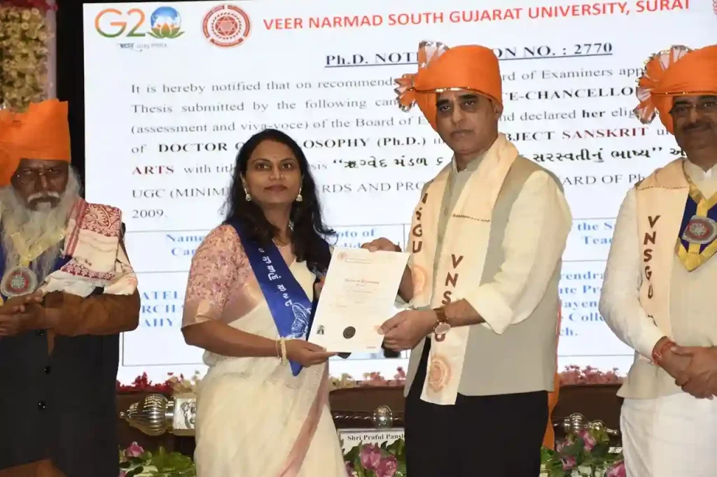 Awarded to Archana Patel who has done Ph.D on Vedic-Puranas Studies in Sanskrit