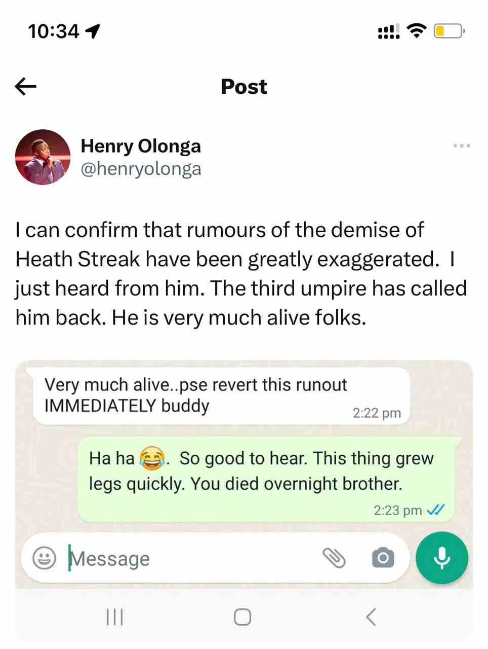 Heath Streak Alive: Heath Streak 'very much' alive, rumors of his death fake: Henry Olonga shares WhatsApp chat