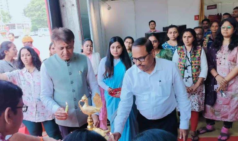 City Mayor Dakshesh Mavani inaugurating the 'Saras Mela' organized for economic upliftment of rural women self-help groups of the state at Adajan.