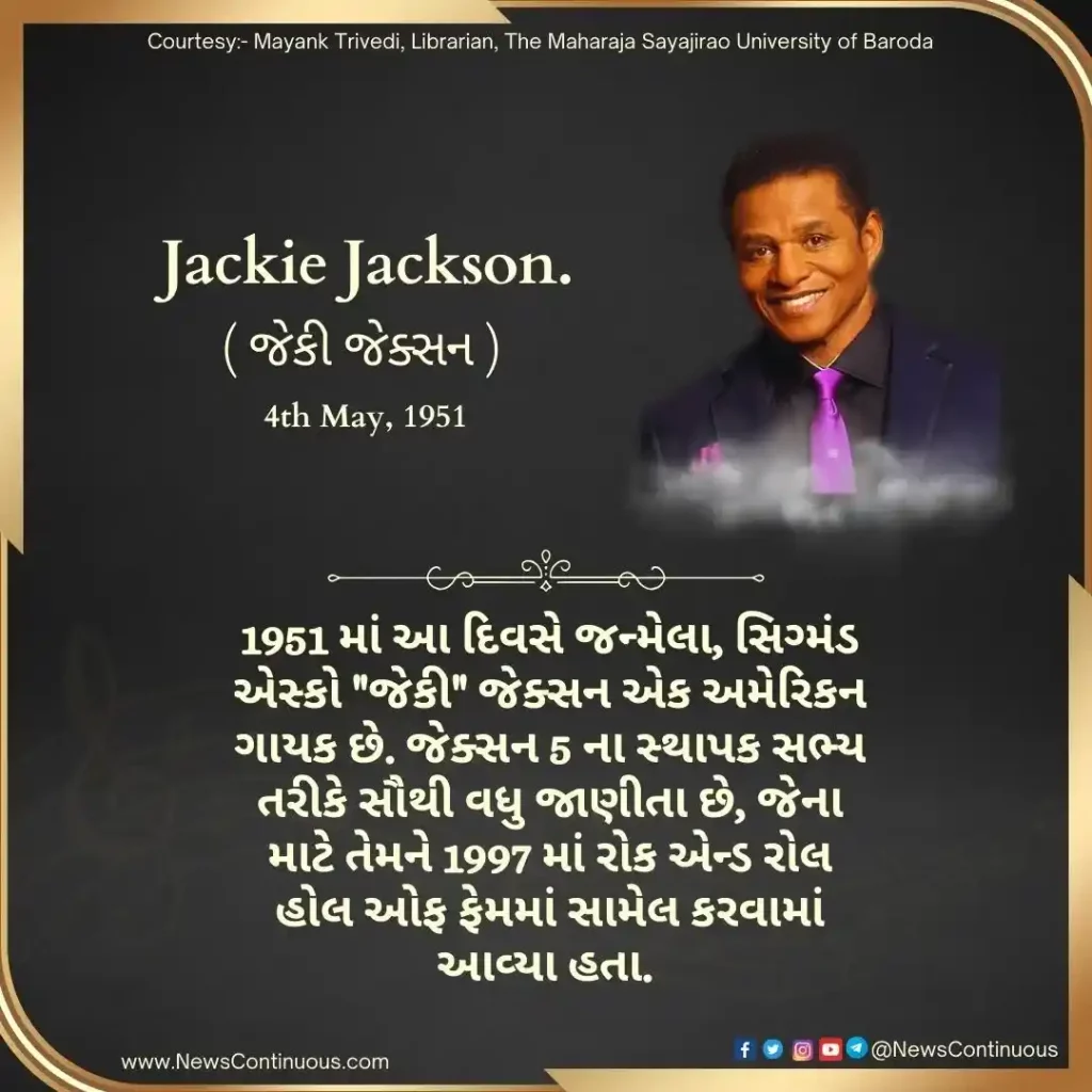 Born May 4, 1951, Sigmund Esco "Jackie" Jackson is an American singer best known as a founding member of The Jackson 5.