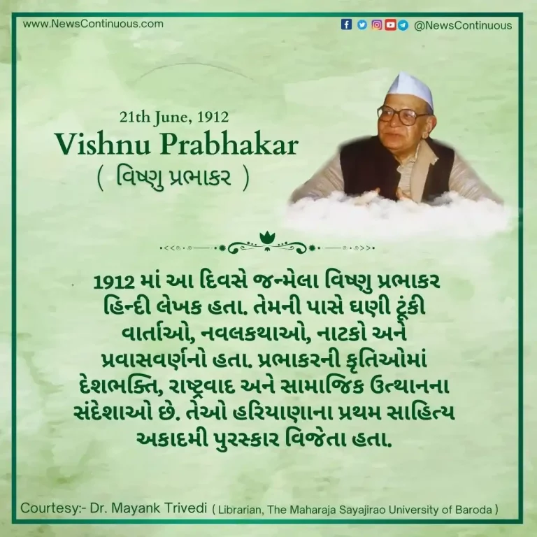 Born on 21 June 1912, Vishnu Prabhakar was a Hindi writer.