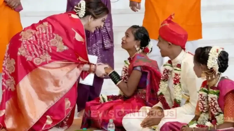 nita ambani graced mass wedding in gayatri mantra printed red saree