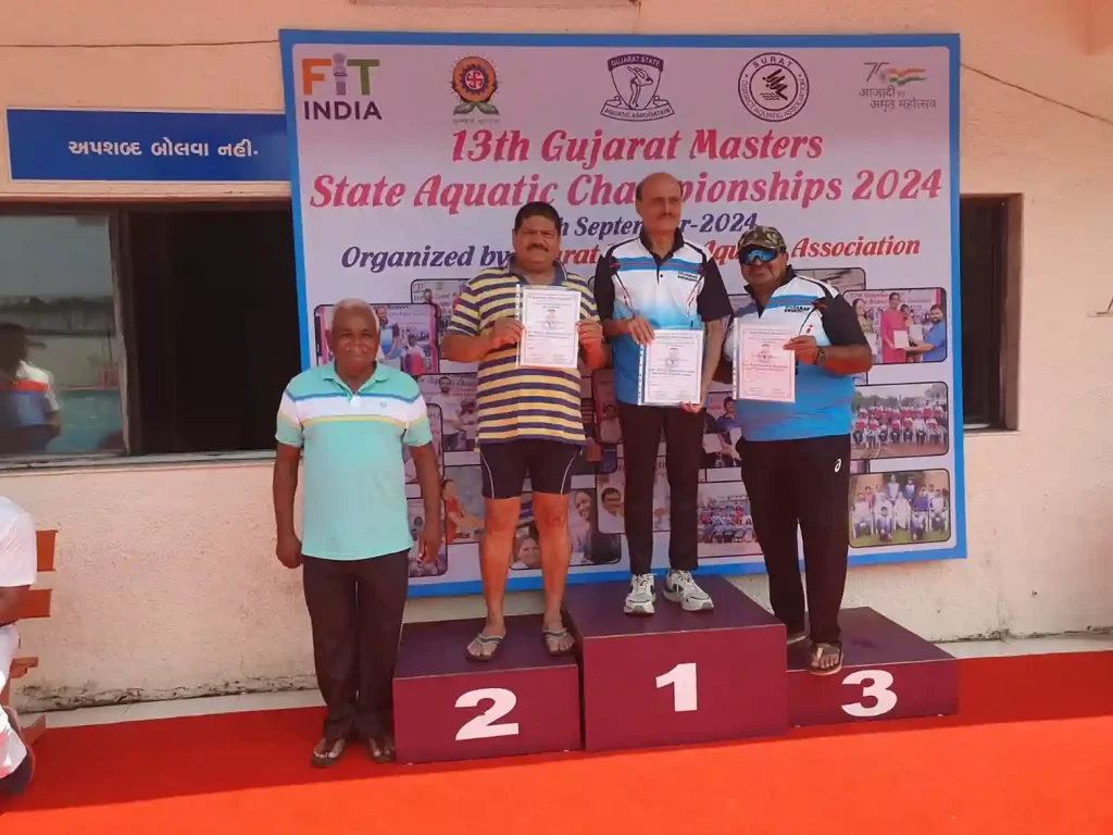 retired administrative officer of surat bagged medals in various competitions of the 13th Gujarat Masters State Aquatic Championship 2024.