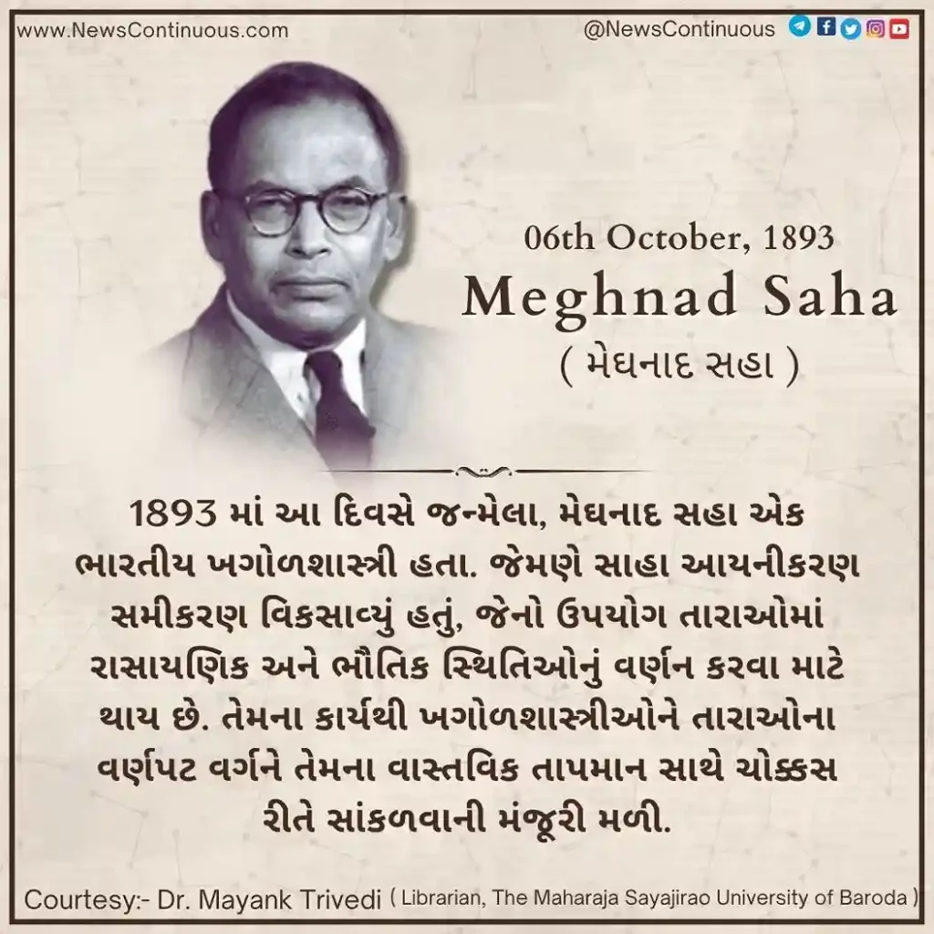 Meghnad Saha born on 06 October 1893 was an Indian astronomer.