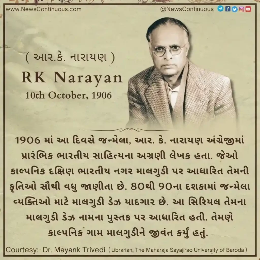 Today is R.K. Birth anniversary of Narayan, who created memorable works like 'Malgudi Days'