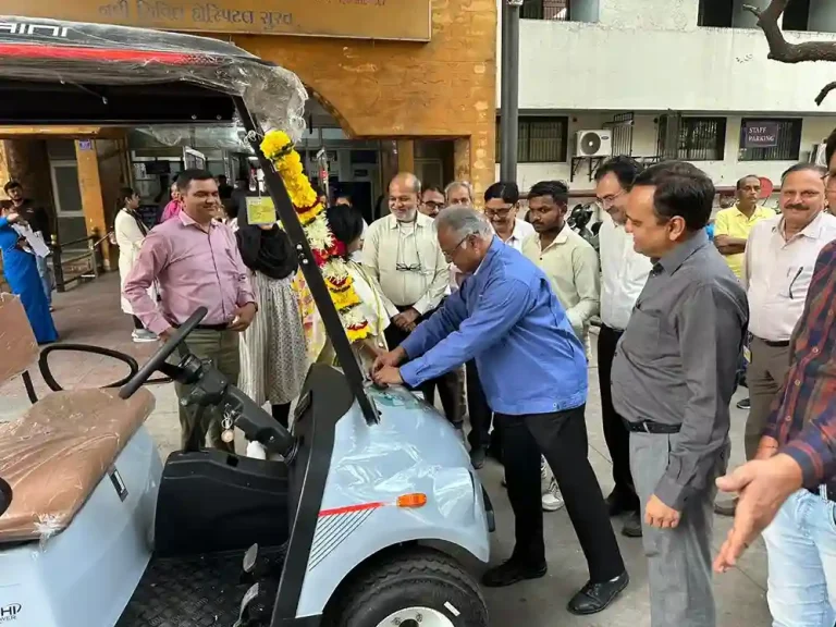 Hazira’s L. & T. Company gifts electric golf cart worth half a million to new civil hospital. (4) Hazira's L. & T. Company gifts electric golf cart worth half a million to new civil hospital.