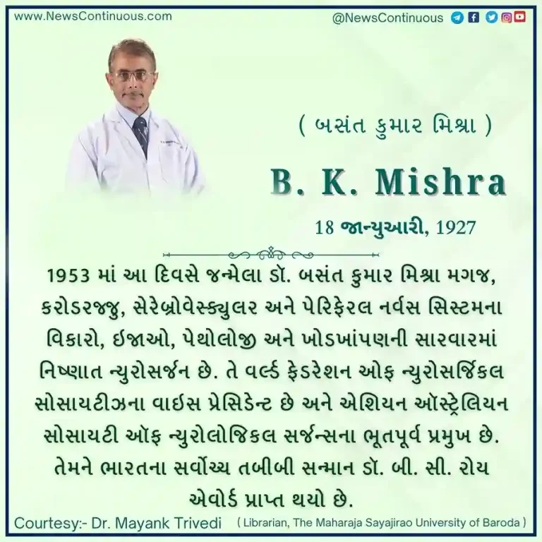 B. K. Mishra Born on 18 January 1927, Dr. Basant Kumar Mishra is a neurosurgeon.