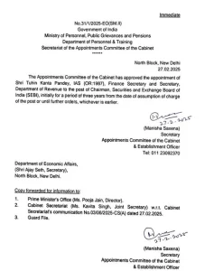 SEBI New Chief : Centre Appoints Finance Secretary Tuhin Kanta Pandey As New SEBI Chief