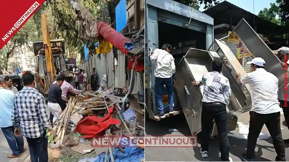 BMC crackdown in Malad West Illegal food stalls and hawkers removed from Evershine Nagar; Footpaths cleared for pedestrians.