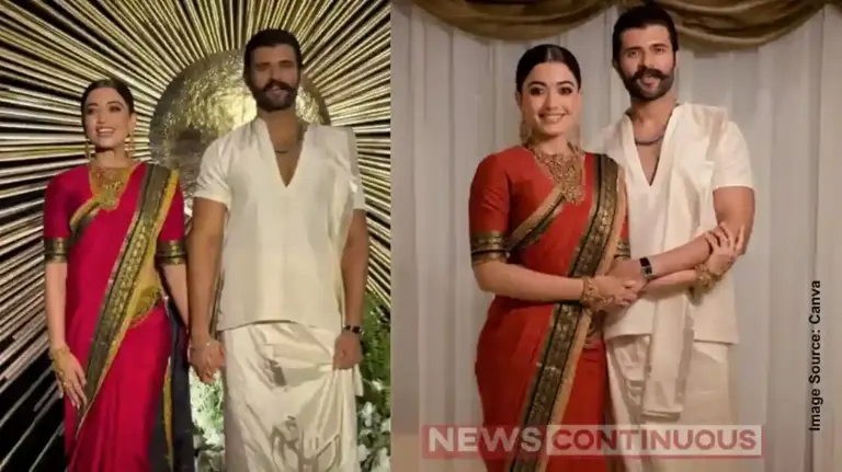 Rashmika Mandanna Dazzles in Red Saree, Vijay Deverakonda Traditional in Dhoti-Kurta at Hyderabad Reception.