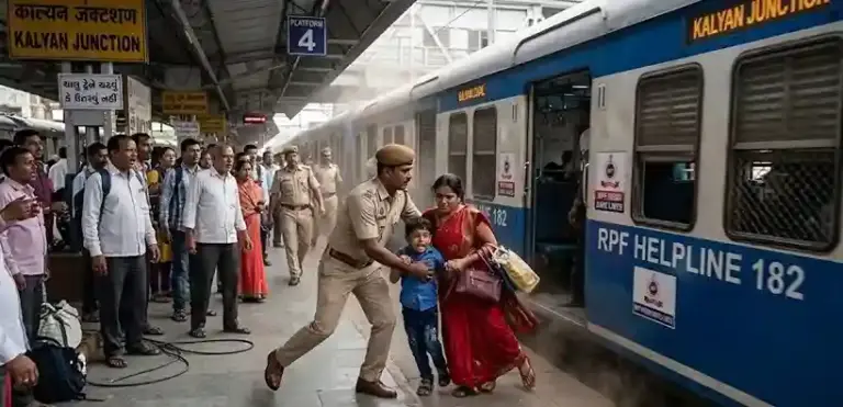Kalyan Railway Station। કલ્યાણ સ્ટેશન પર આરપીએફ જવાન દેવદૂત બની આવ્યા ચાલુ ટ્રેને નીચે પટકાતા માતાપુત્રનો જીવ બચાવ્યો