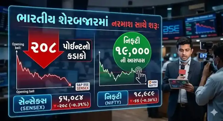 Share Market Update। ભારતીય શેરબજારમાં નરમાશ સાથે શરૂઆત સેન્સેક્સમાં ૨૦૮ પોઈન્ટનો કડાકો, નિફ્ટી ૧૯,૦૦૦ ની આસપાસ