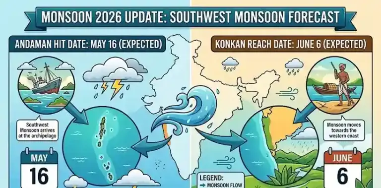 Monsoon 2026 Update। ખેડૂતો માટે ખુશખબર ૧૬ મે સુધીમાં અંદામાનમાં ચોમાસાનું આગમન, ગુજરાતમહારાષ્ટ્રમાં ક્યારે આવશે વરસાદ?