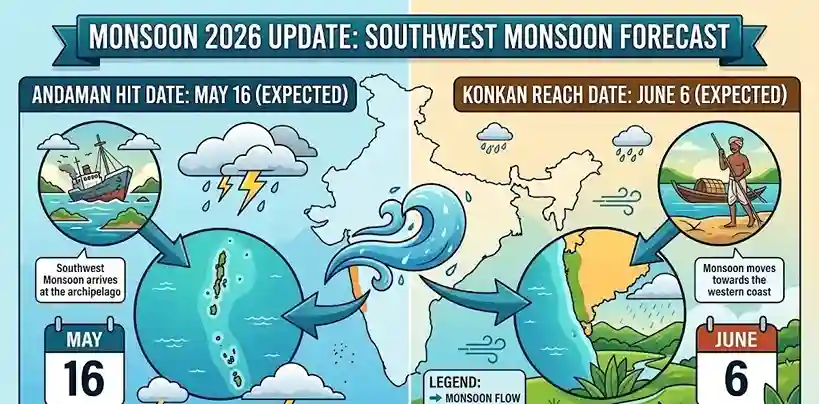Monsoon 2026 Update। ખેડૂતો માટે ખુશખબર ૧૬ મે સુધીમાં અંદામાનમાં ચોમાસાનું આગમન, ગુજરાતમહારાષ્ટ્રમાં ક્યારે આવશે વરસાદ?