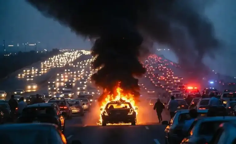 Thane Car Fire। થાણેમાં ચાલુ કારમાં આગ ડ્રાઈવરનો ચમત્કારિક બચાવ, હાઈવે પર ટ્રાફિક જામ
