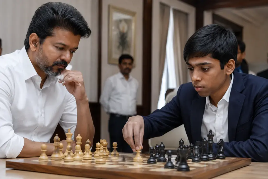 CM Vijay plays chess with Praggnanandhaa   ચેસના મેદાનમાં હાર્યા વિજય પ્રજ્ઞાનંદ સામેની રોમાંચક મેચ બાદ ગ્રાન્ડમાસ્ટરનું ૫૦ લાખથી સન્માન!