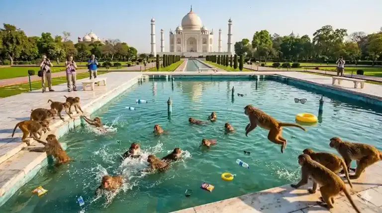 Monkey 'pool party' at Taj Mahal તાજમહેલમાં વાંદરાઓની ‘પૂલ પાર્ટી’ ફુવારાઓ બની ગયા સ્વિમિંગ પુલ, વીડિયો જોઈને હસવું નહીં રોકી શકો!
