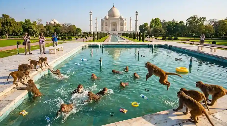 Monkey 'pool party' at Taj Mahal તાજમહેલમાં વાંદરાઓની ‘પૂલ પાર્ટી’ ફુવારાઓ બની ગયા સ્વિમિંગ પુલ, વીડિયો જોઈને હસવું નહીં રોકી શકો!