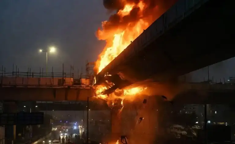 Mumbai Metro Bridge Fire Bandra  મુંબઈમાં મેટ્રો બ્રિજ પર ભીષણ આગ બાંદ્રા રેક્લેમેશન ફ્લાયઓવર પાસે મેટ્રો૨બી ના પિલર પર ફાટી નીકળી જ્વાળાઓ, નીચે સળગતો કાટમાળ પડતાં નાસભાગ