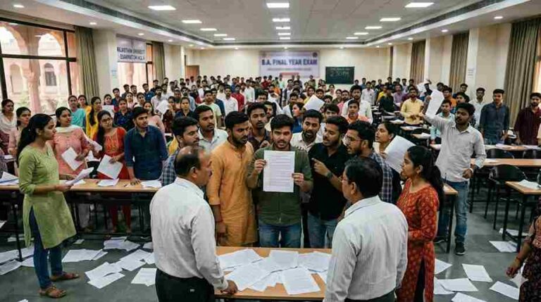 Rajasthan University Exam Cancellation  રાજસ્થાન યુનિવર્સિટીનો મોટો છબરડો પ્રશ્નોને બદલે પેપરમાં છપાઈ ગયા જવાબો, પરીક્ષા રદ.