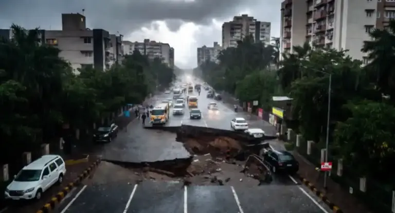 Road Cavein in Powai પવઈમાં મુસળધાર વરસાદનો કહેર, રસ્તો બેસી જતાં વાહનવ્યવહાર પર અસર