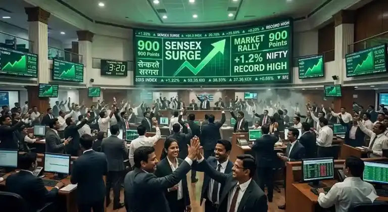 Share Market Rally  શેરબજારમાં રેકોર્ડબ્રેક Share Market Rally સેન્સેક્સ 900 અંક ઉછળ્યો, નિફ્ટી 23,400 ને પાર