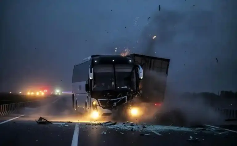Yamuna Expressway Accident  યમુના એક્સપ્રેસવે પર ભયાનક અકસ્માત વોલ્વો બસ ટ્રકમાં ઘૂસી જતાં ૪ ના કરુણ મોત