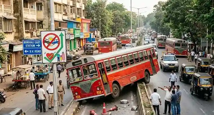 BEST Bus Mounts Divider Borivali SV Road બોરીવલીમાં બેસ્ટ બસ ડિવાઇડર પર ચડી ગઈ મોટી દુર્ઘટના ટળી, મુસાફરો આબાદ બચ્યા