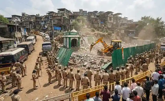 Dindoshi Unauthorized Dargah Demolition દિંડોશીમાં કાયદો અને વ્યવસ્થાના કડક બંદોબસ્ત વચ્ચે દરગાહનું અનધિકૃત બાંધકામ જમીનદોસ્ત