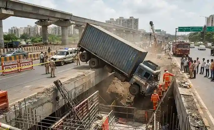 Ghodbunder Road Accident  ઘોડબંદર રોડ પર મોટી દુર્ઘટના, ૨૬ ટનનો કન્ટેનર ટ્રક મેટ્રોના ખાડામાં ખાબક્યો