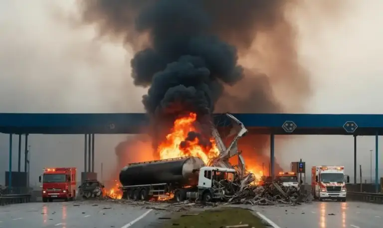 Kaushambi LPG Tanker Fire  ઉત્તર પ્રદેશના કૌશામ્બીમાં ભયાનક અકસ્માત ગેસ ટેન્કર ટોલ પ્લાઝા સાથે અથડાતા વિકરાળ આગ