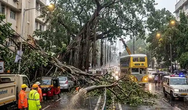 Massive tree falls at Kings Circle Matunga ભારે વરસાદ વચ્ચે માટુંગા કિંગ્સ સર્કલ પર વૃક્ષ ધરાશાયી, તંત્ર દોડતું થયું