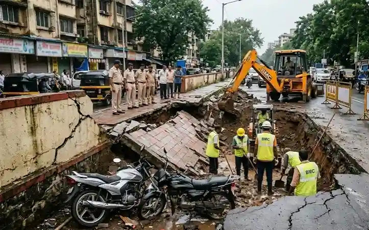 Nahur Footpath Collapse BMC Repair નાહૂરમાં મોડી રાત્રે ફૂટપાથ ધસી પડી ૨ બાઇક ખાડામાં ખાબકતા મોટું નુકસાન, બીએમસીએ સમારકામ શરૂ કર્યું