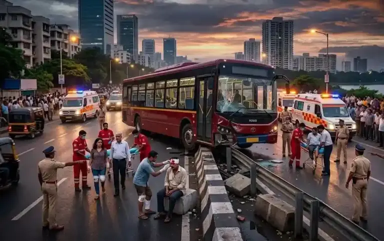 Powai BEST Electric Bus Accident  પવઈમાં બેસ્ટની ઈલેક્ટ્રિક બસ ડિવાઈડર સાથે અથડાઈ, ૭ મુસાફરો ઈજાગ્રસ્ત