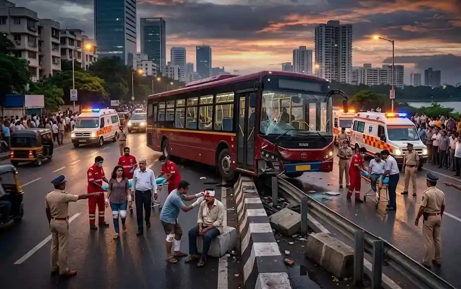 Powai BEST Electric Bus Accident પવઈમાં બેસ્ટની ઈલેક્ટ્રિક બસ ડિવાઈડર સાથે અથડાઈ, ૭ મુસાફરો ઈજાગ્રસ્ત