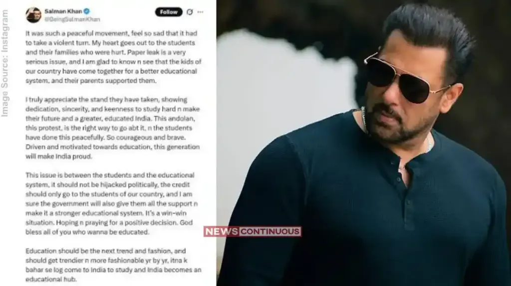 Salman Khan NEET Protest  NEET પેપર લીક મામલે બોલિવૂડના 'ભાઈજાન'નું મોટું નિવેદન પ્રોટેસ્ટ કરી રહેલા યુવાનોના સમર્થનમાં ઉતર્યા!