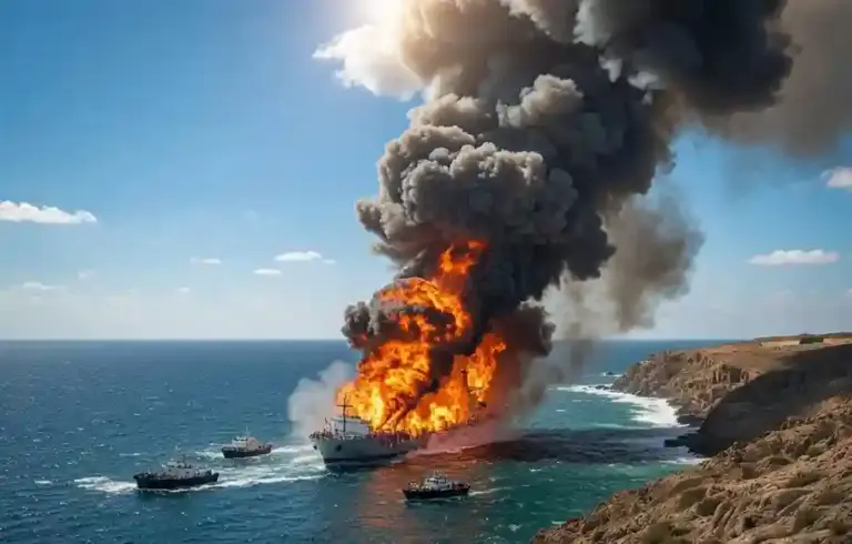 Ship Ablaze Strait of Hormuz  અમેરિકાઈરાન યુદ્ધની ભીષણ અસર હોર્મુઝ પ્રદેશમાં મિસાઈલ પ્રહારથી વિશાળ જહાજ ભડકે બળ્યું, બચાવ કામગીરી તેજ