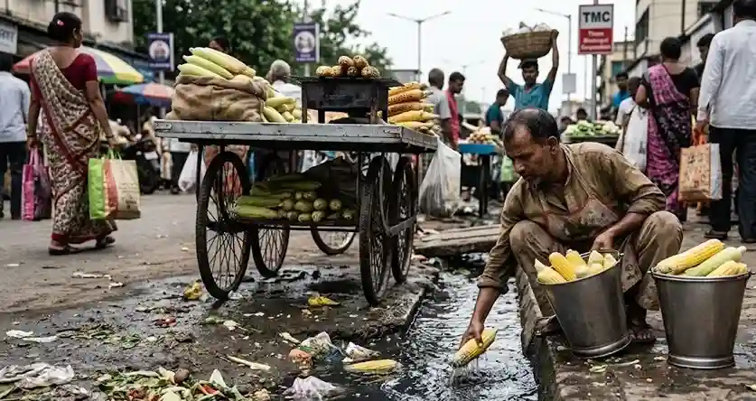 Thane vendor washes corn in drain લોકોના સ્વાસ્થ્ય સાથે ખુલ્લેઆમ ચેડાં! થાણેની જાંભલી નાકા માર્કેટમાં શાકભાજી વિક્રેતા એ ગટરના પાણીમાં મકાઈ ધોઈ...