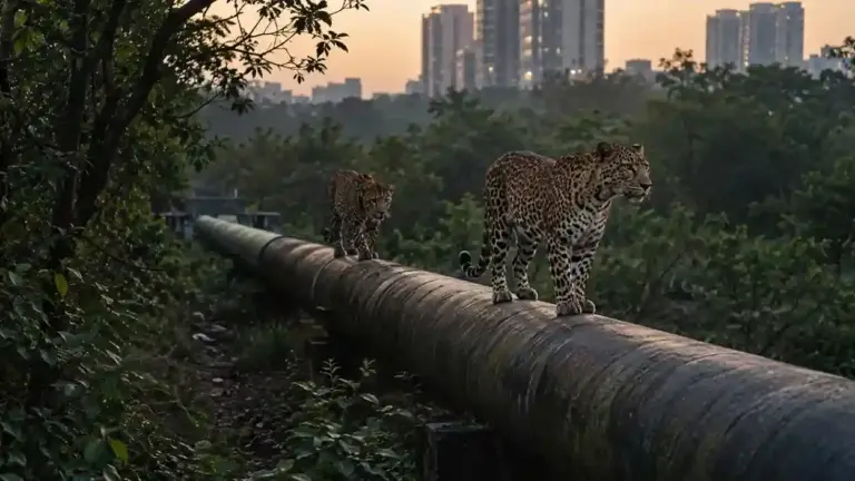 Bhandup Complex Leopard Sighting  મુંબઈના ભાંડુપ કોમ્પ્લેક્સ જંગલ વિસ્તારમાં પાઇપલાઇન પર બે દીપડા નજરે પડ્યા, વાયરલ વિડિયોથી ખળભળાટ