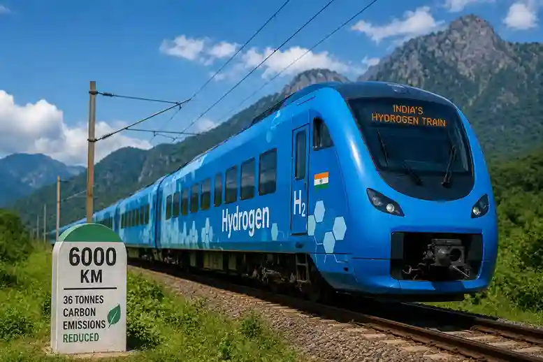 India Hydrogen Train Milestone  ભારતની હાઇડ્રોજન ટ્રેને રચ્યો ઇતિહાસ ૬,૦૦૦ કિમીના સફરમાં ૩૬ ટન કાર્બન ઉત્સર્જન ઘટાડ્યું!