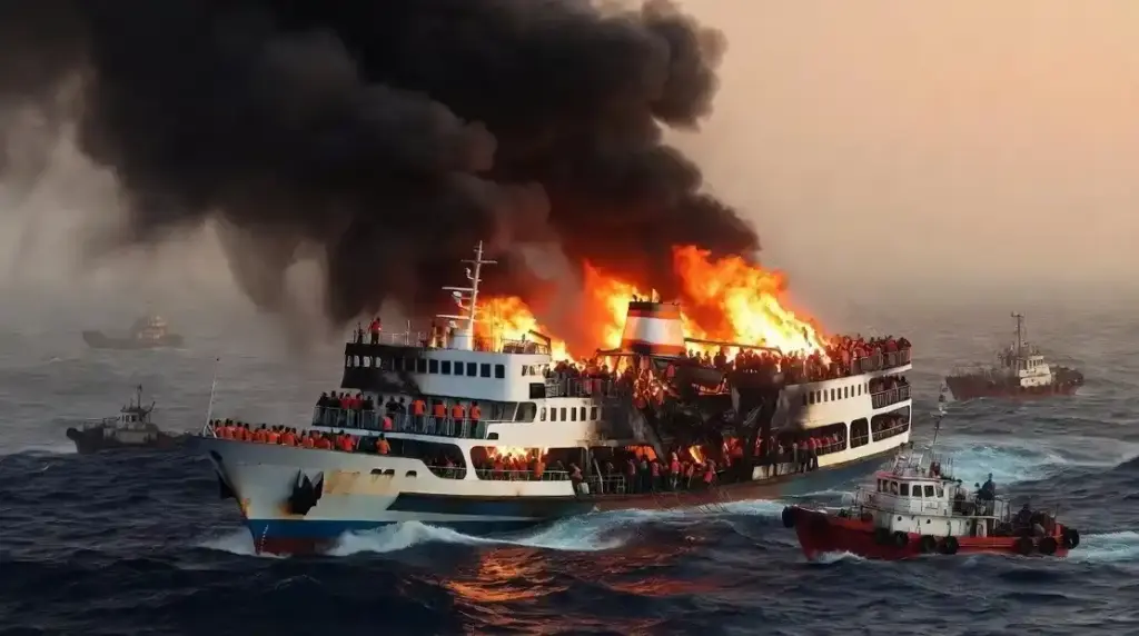 Indonesia passenger ferry fire  ઇન્ડોનેશિયામાં મુસાફરોથી ભરેલી ફેરીમાં ભીષણ આગ ફાટી નીકળતા ૫ નાગરિકોના મોત, ૪૧ લાપતા