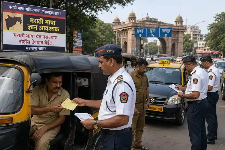 Marathi Language Compliance મરાઠી ફરજિયાત ઓટોટેક્સી ચાલકો પર ટ્રાફિક અને આરટીઓ વિભાગનો મોટો સપાટો, હજારો ડ્રાઇવરોને ફટકારાઈ નોટિસ.